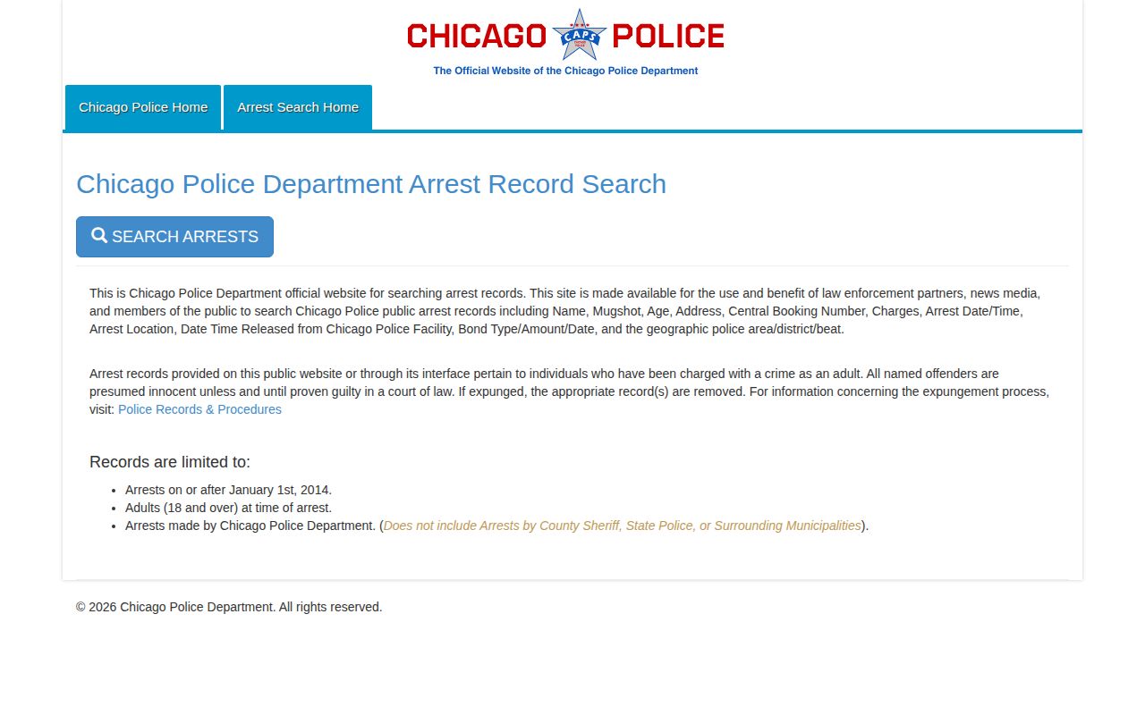 Cook County same-day arrest search form on the Chicago Police official site