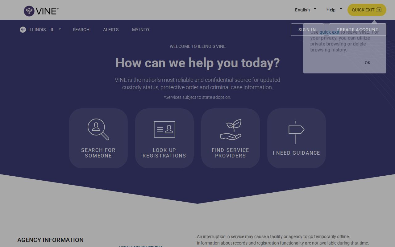 Cook County VINELink state and county custody search interface