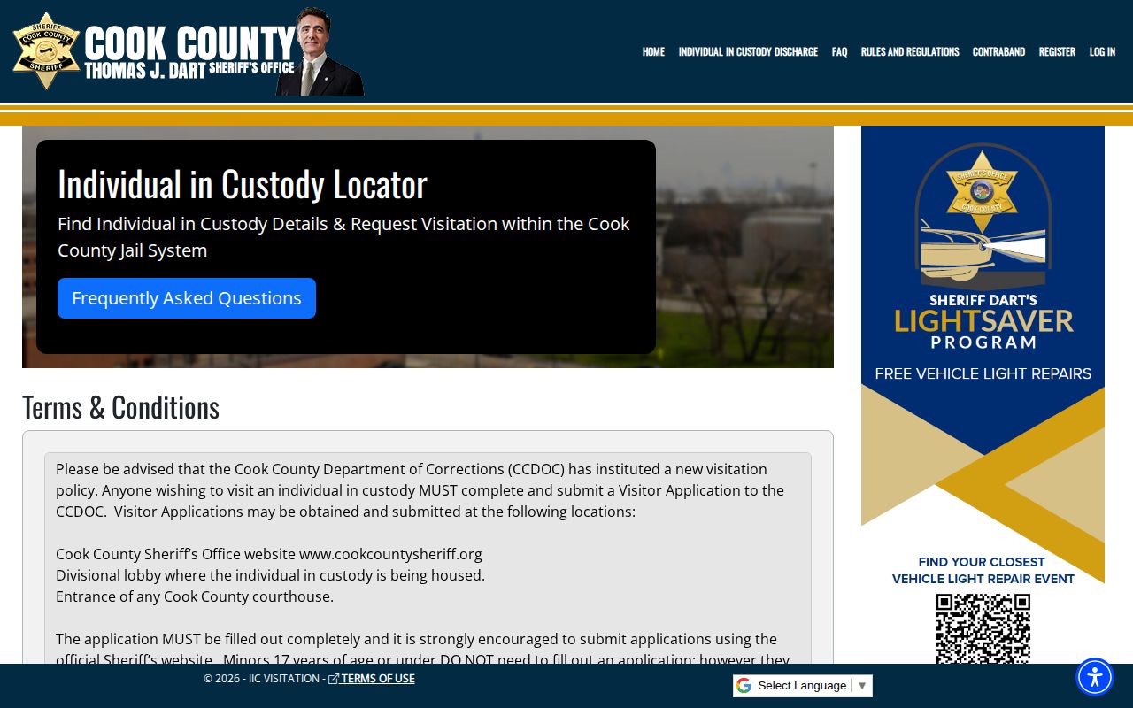 Cook County Individual in Custody Locator search interface